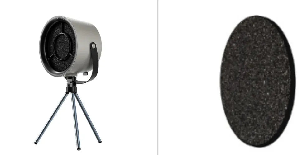 Milky white portable USB desktop exhaust fan with tripod stand and removable filter screen.