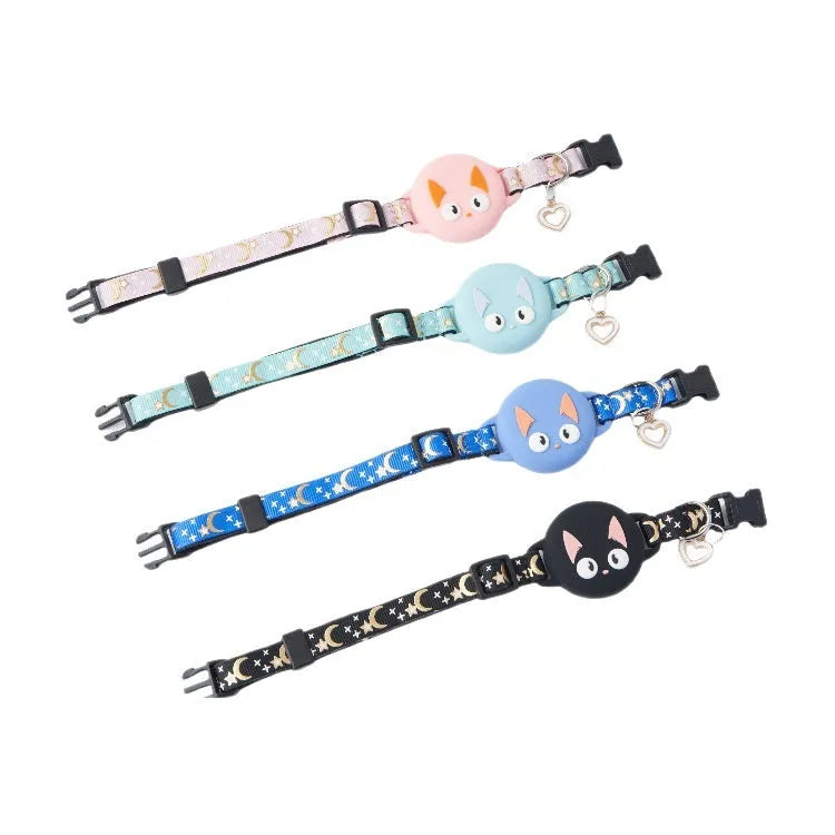 A pink adjustable cat collar with a built-in compartment for an Apple AirTag on a white background.