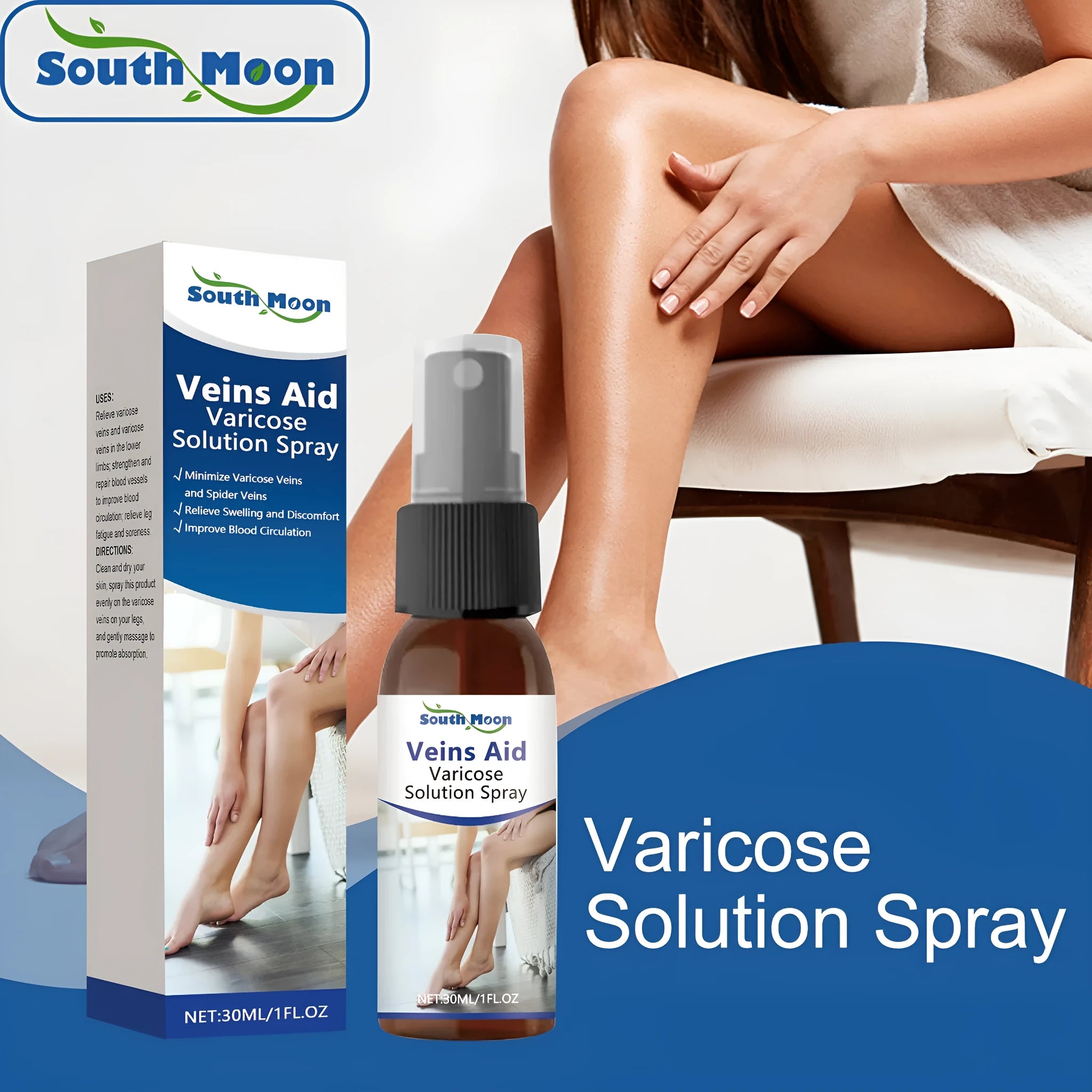 30ml bottle of leg care spray with spray nozzle, labelled with ingredients menthol, ginger, and horse chestnut.