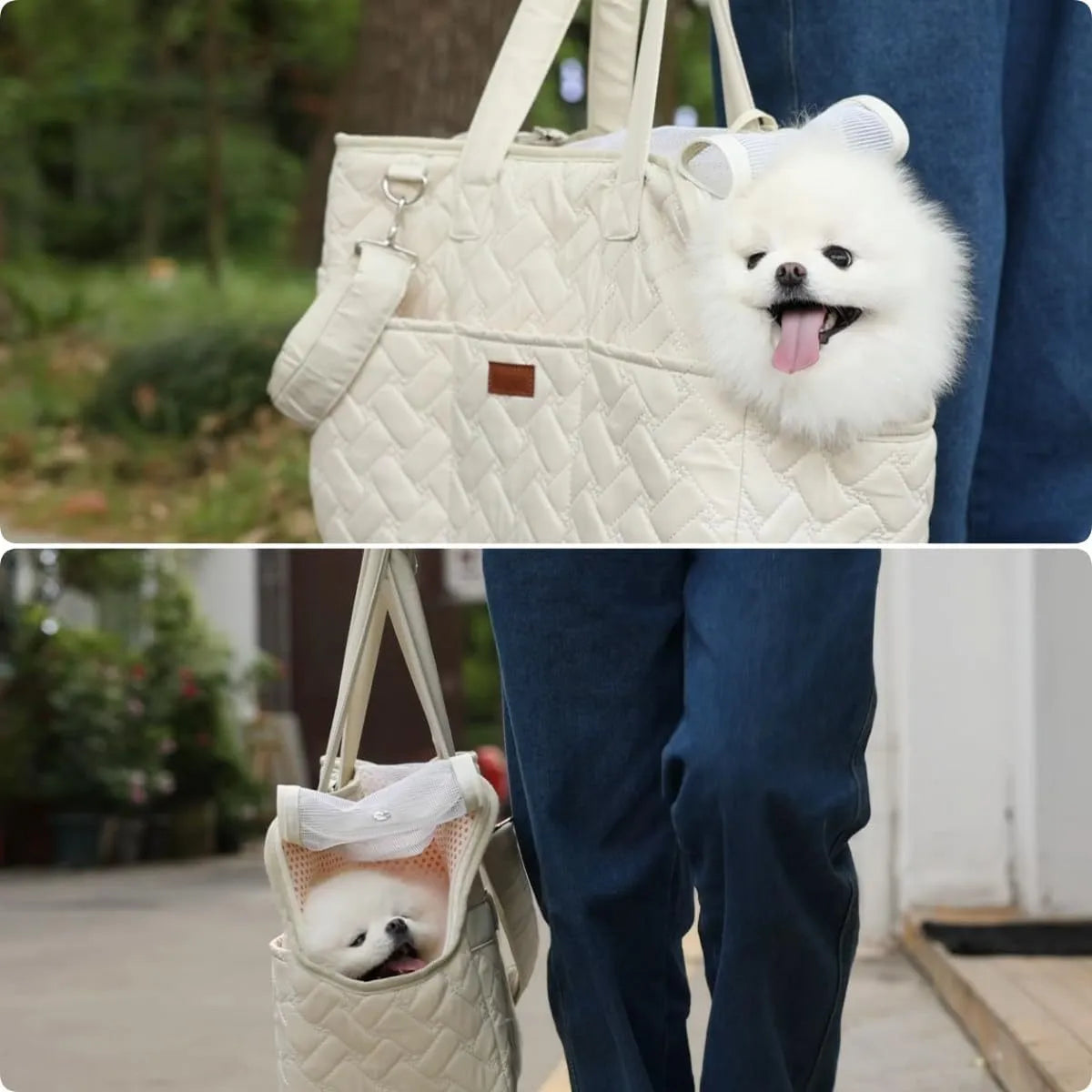 Grey pet carrier handbag with mesh panels and multiple pockets, shown with a small dog inside.
