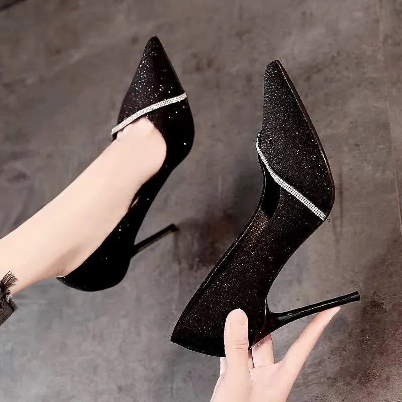 Gold women's stiletto high heel shoes with pointed toe and low-cut PU upper