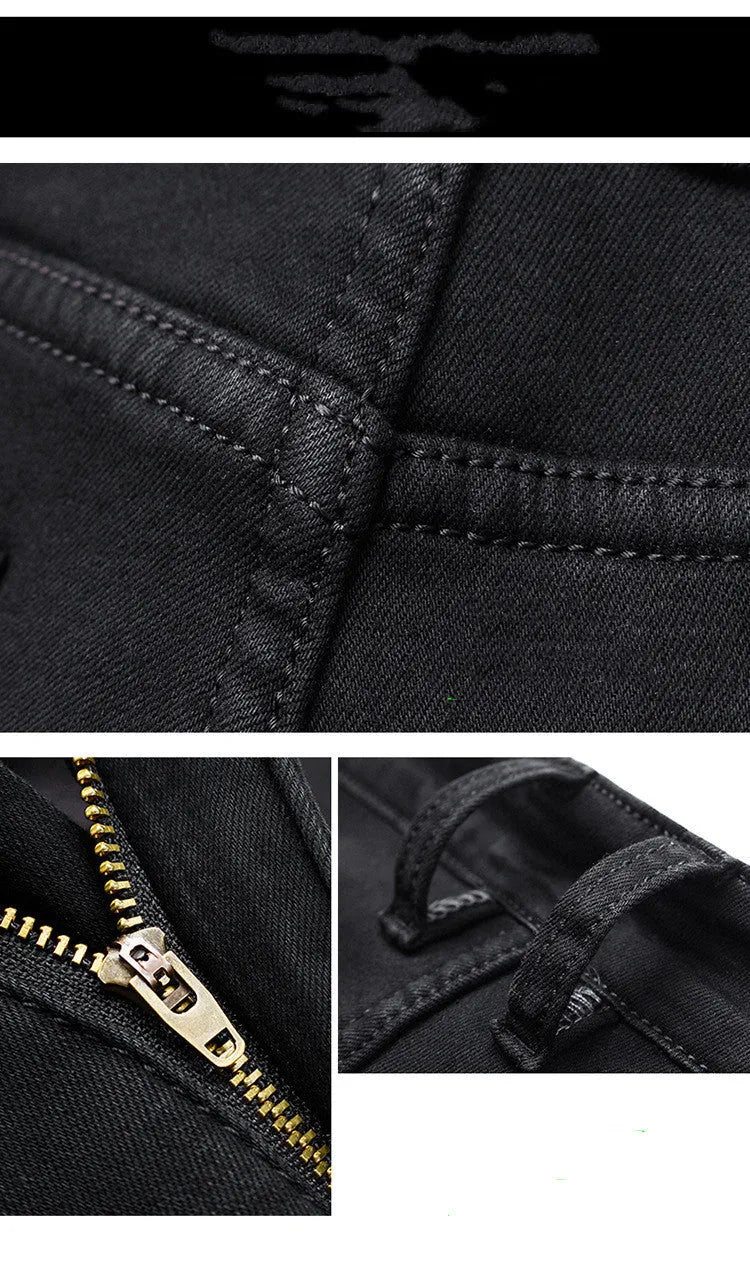 Men's slim straight black denim jeans with mid waist, zip fly and water-washed finish, sizes 28-40