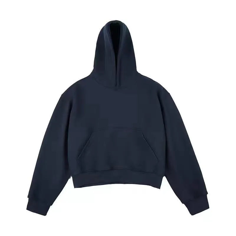 Short Chinese cotton velvet hooded sweater in dark grey with removable hood and long sleeves for street fashion