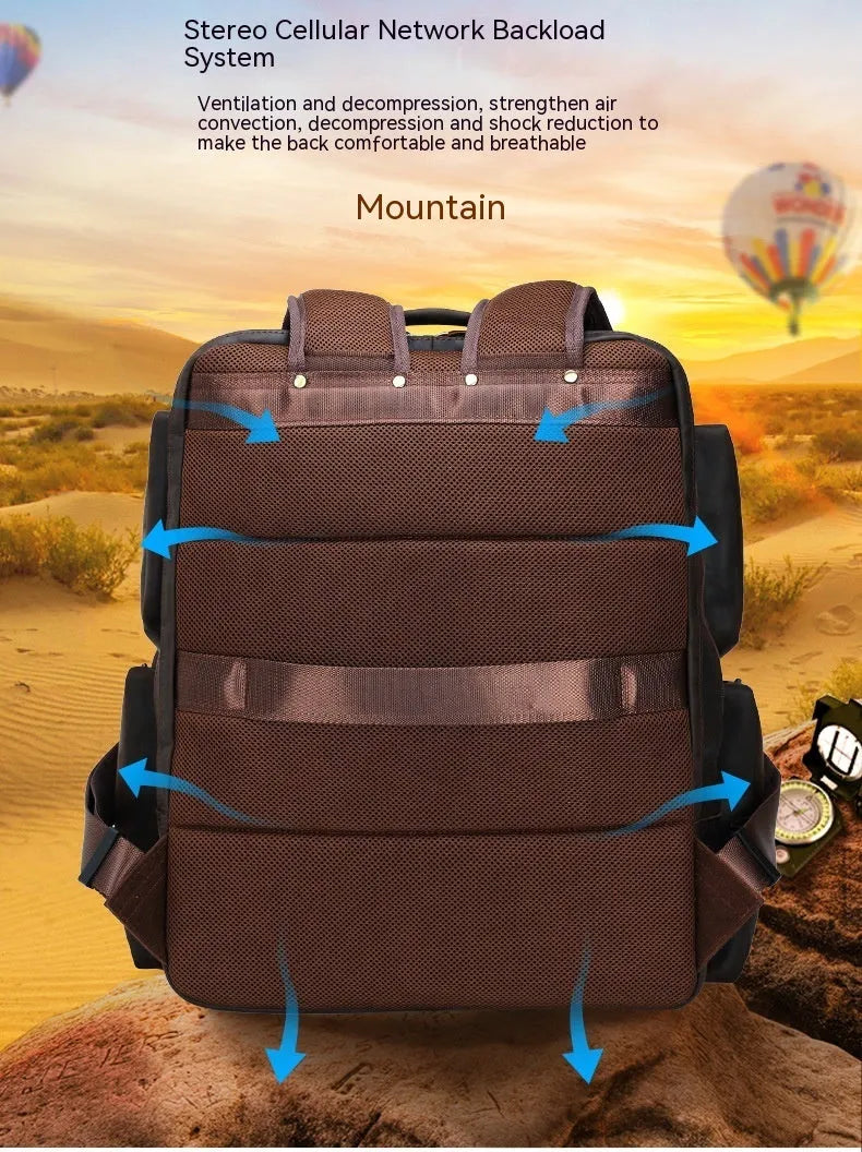 Dark brown retro crazy horse leather men's backpack showing external pockets and internal organiser for a 17-inch laptop.