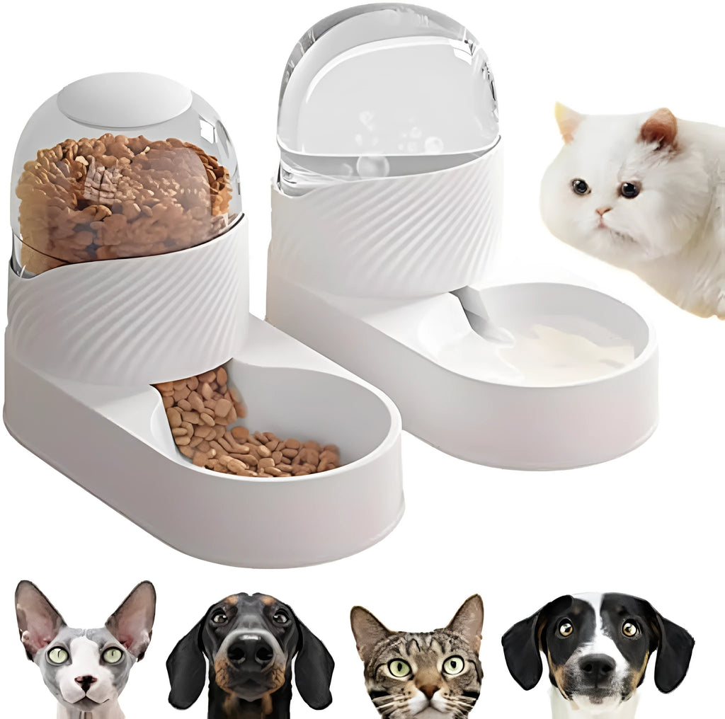 White automatic gravity cat feeder and water dispenser set with wave-patterned design.