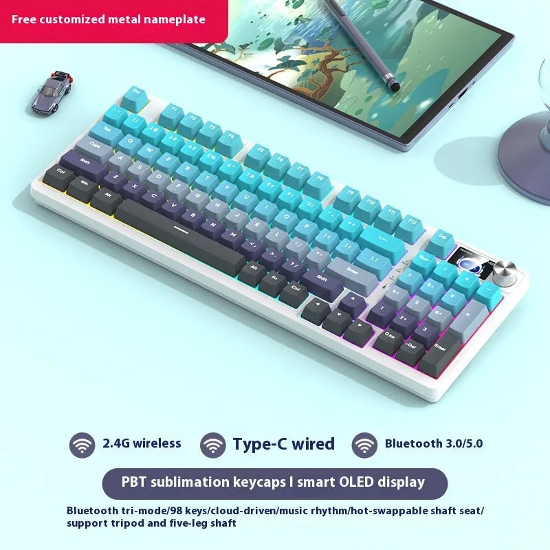 98-key wireless Bluetooth mechanical keyboard kit with metal knob on desk