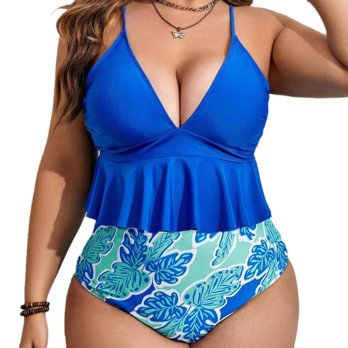 Blue plus-size polyester bikini swimsuit with separate top and shorts on a mannequin.