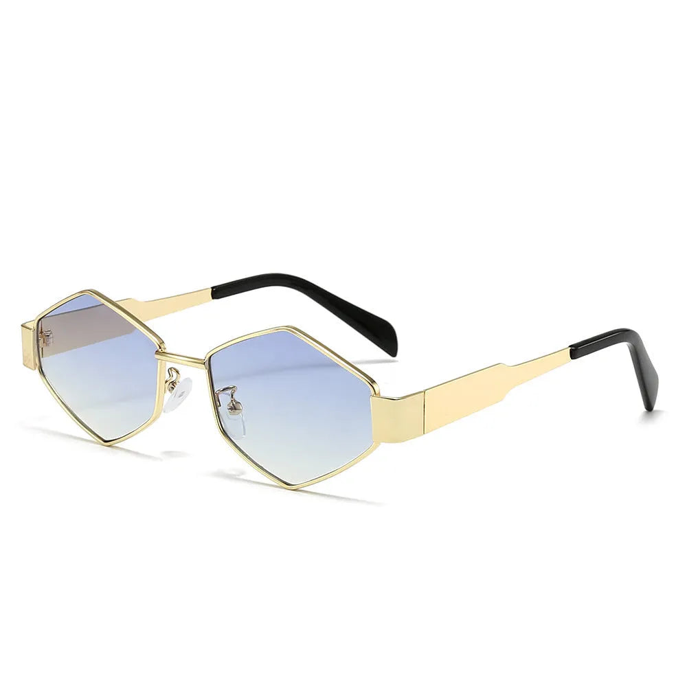 Cool polygon rhombus metal sunglasses with hexagon style, black frame and black grey lens