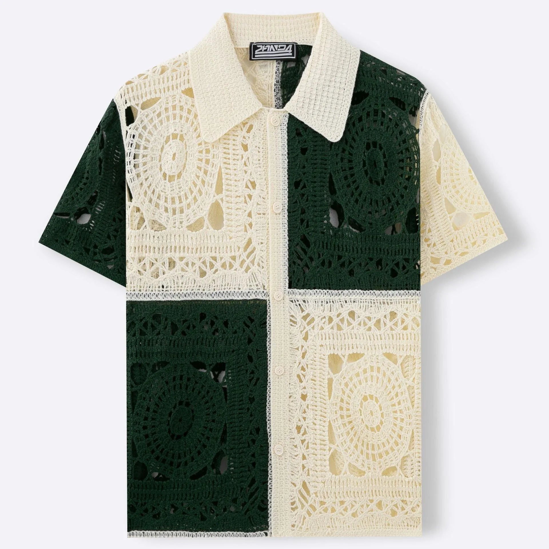 Beige men's colourblock knitted short sleeve shirt with flocking texture detail.