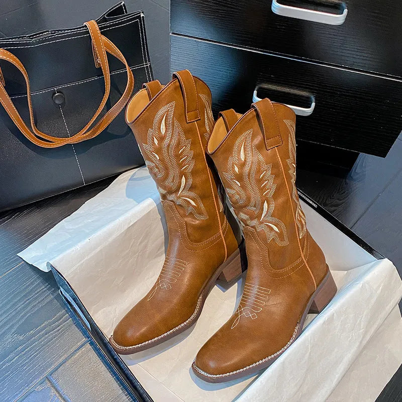 Brown women's embroidered mid-calf Martin boots with a waterproof platform and square heel