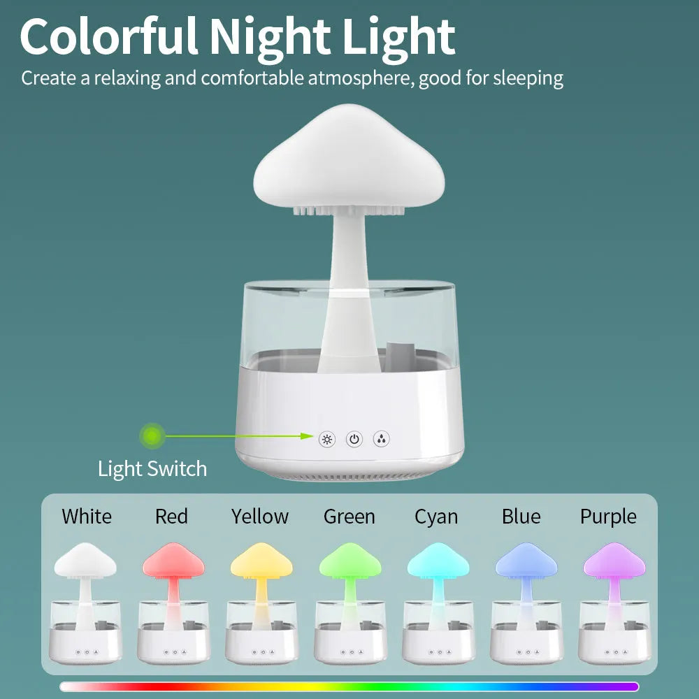 Desk humidifier with raining cloud design, essential oil diffuser, and mushroom lamp night light