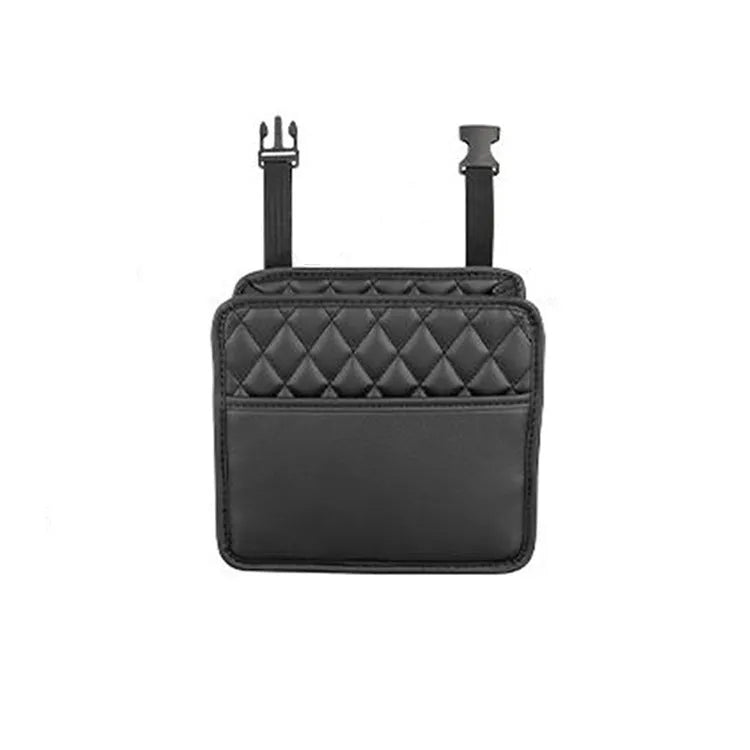 Leather hanging car storage bag in black, shown attached to a car seat headrest