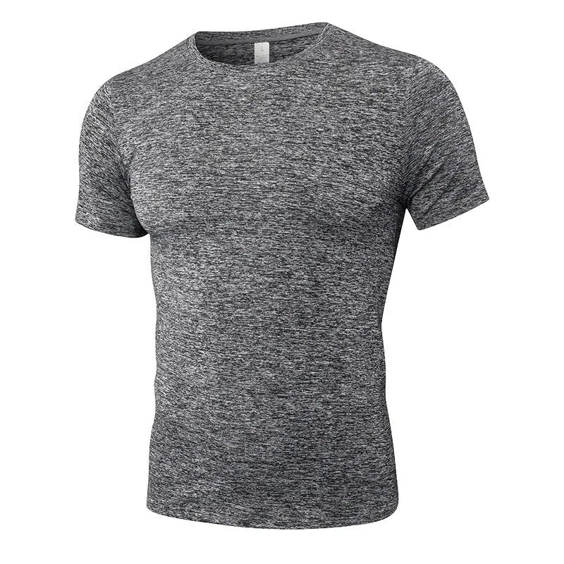 Men's solid colour short-sleeved fitness shirt in quick-drying polyester, shown in multiple colour options.