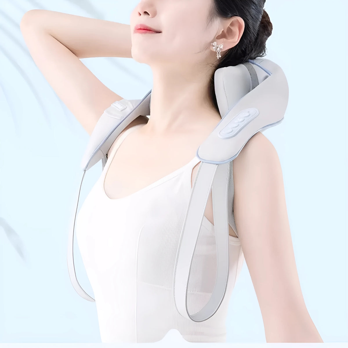 Black rechargeable neck and shoulder massager shawl with hot compress and two gears for cervical oblique and trapezius areas.