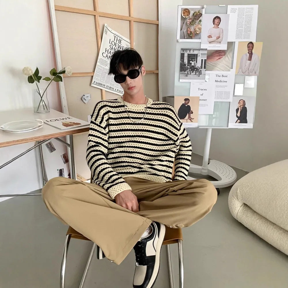 Men's black loose fit long sleeve sweater in cotton blend, sizes S to 3XL, for daily spring and autumn wear