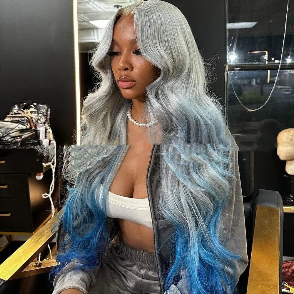 Grey-blue gradient human hair lace front wig with 4x4 construction
