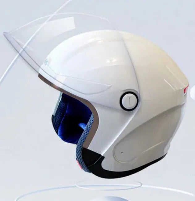 Black and white smart motorcycle half helmet with AI voice and Bluetooth features.