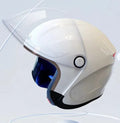 Black and white smart motorcycle half helmet with AI voice and Bluetooth features.