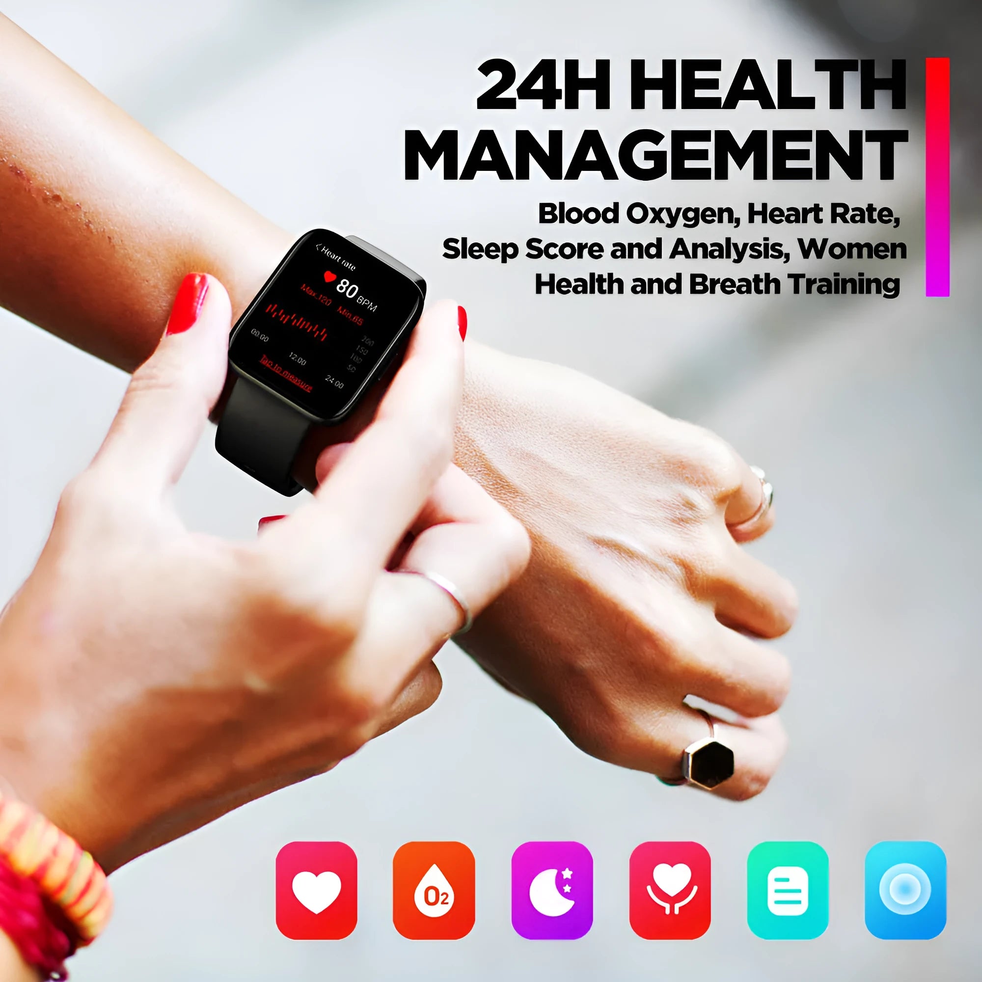Black GPS sports smartwatch for Android with 1.78-inch screen and rubber strap