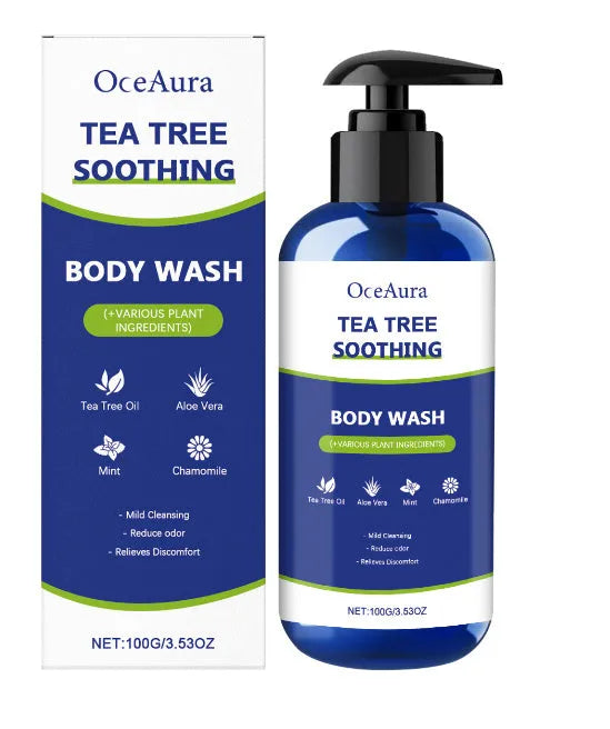 Tea Tree Soothing Shower Gel 100g with aloe vera mint and chamomile extracts in a white bottle