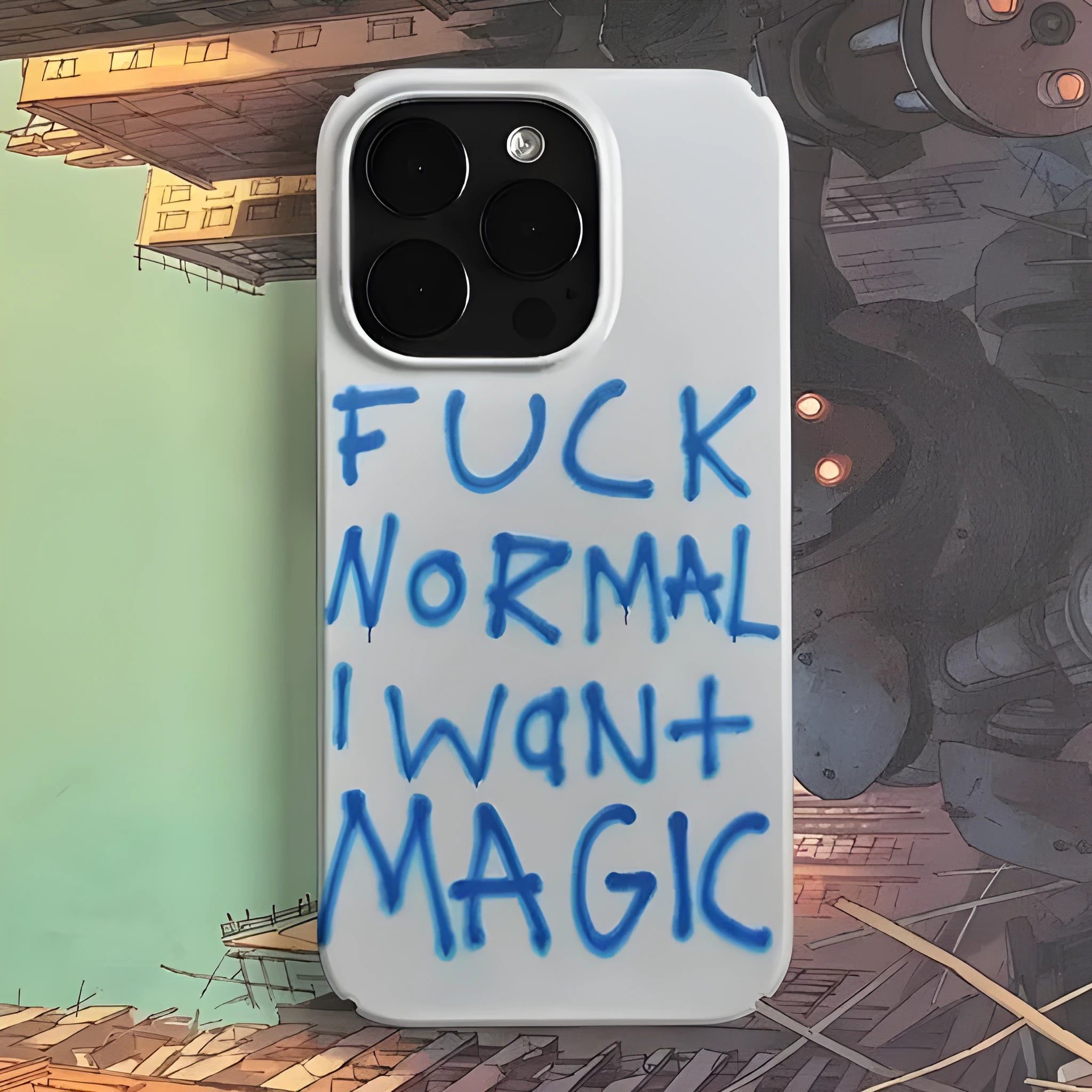 Retro art design hard shell iPhone case shown on phone with large camera cutout