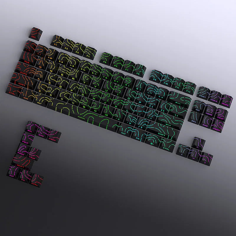 Black mechanical keyboard key cap set with contour line crack pattern and luminous characters, 85 x 150mm