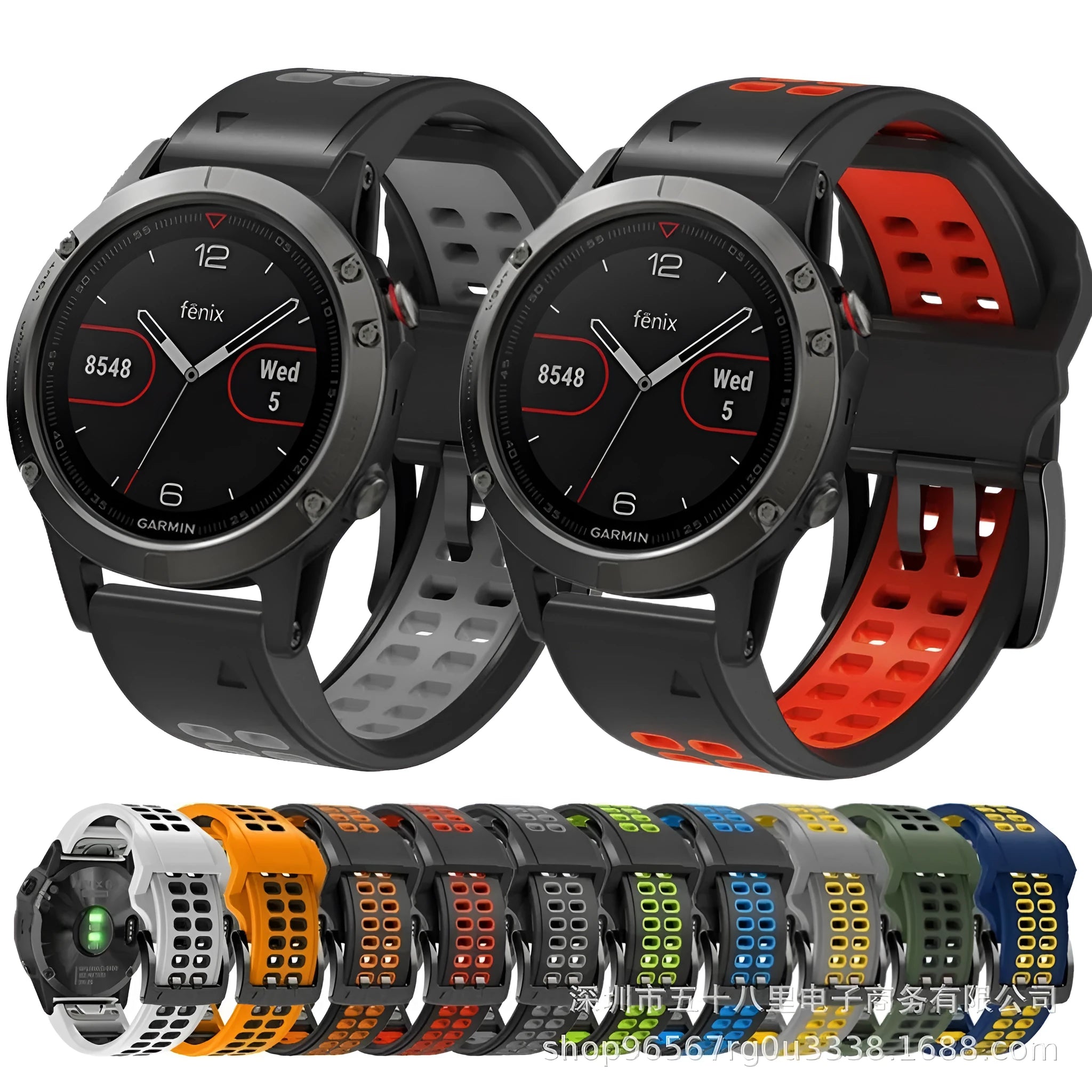 Two-tone silicone watch strap with quick release mechanism and ventilation holes in black and orange colour