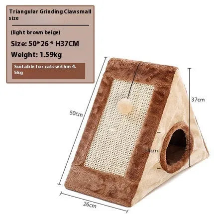 Triangle-shaped grey and white cat nest with integrated sisal scratching post.