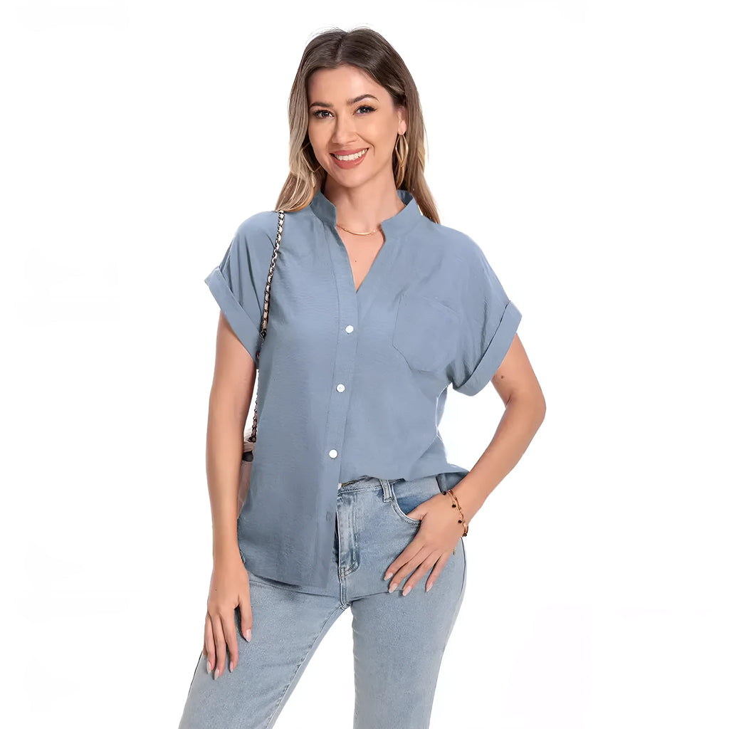 Women's stand collar button front short sleeve top in loose fit polyester with raglan sleeves