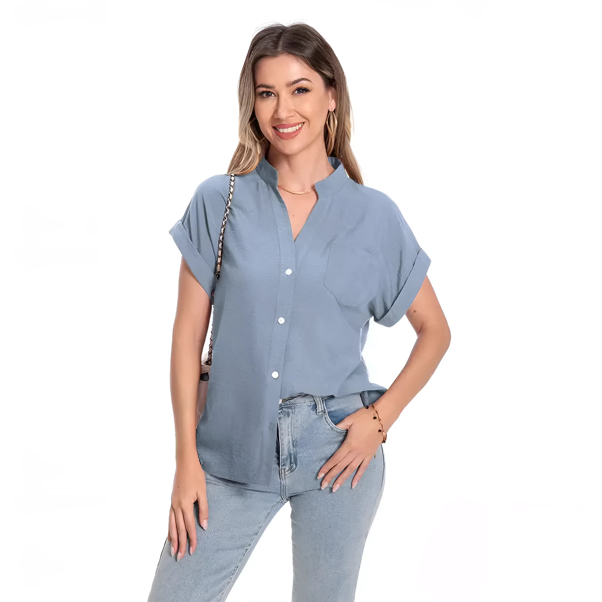 Women's stand collar button front short sleeve top in loose fit polyester with raglan sleeves