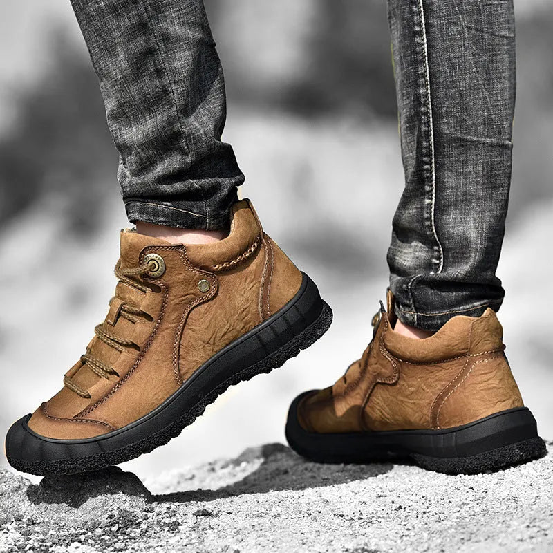 Genuine leather mid-top men's shoes in light brown with closed toe and low heel