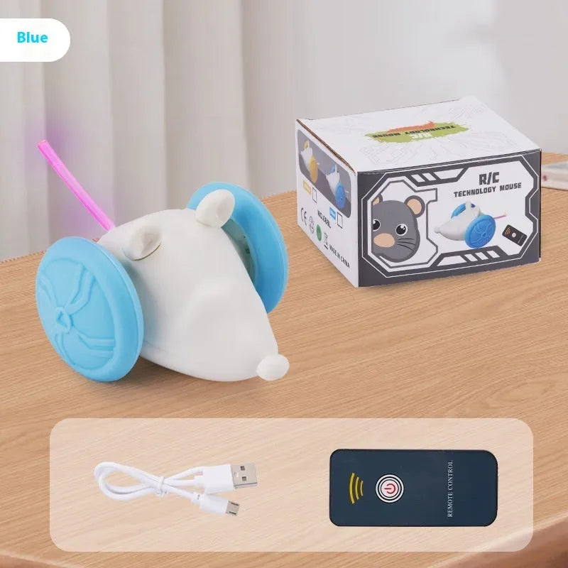 Electric cat toy mouse with remote control in blue and yellow colour options for indoor pet play