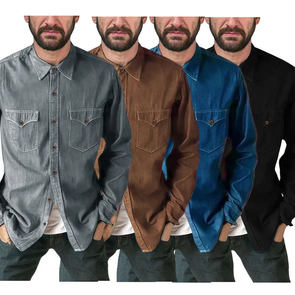 A button-front denim cardigan coat in a choice of khaki, black, blue, or grey.