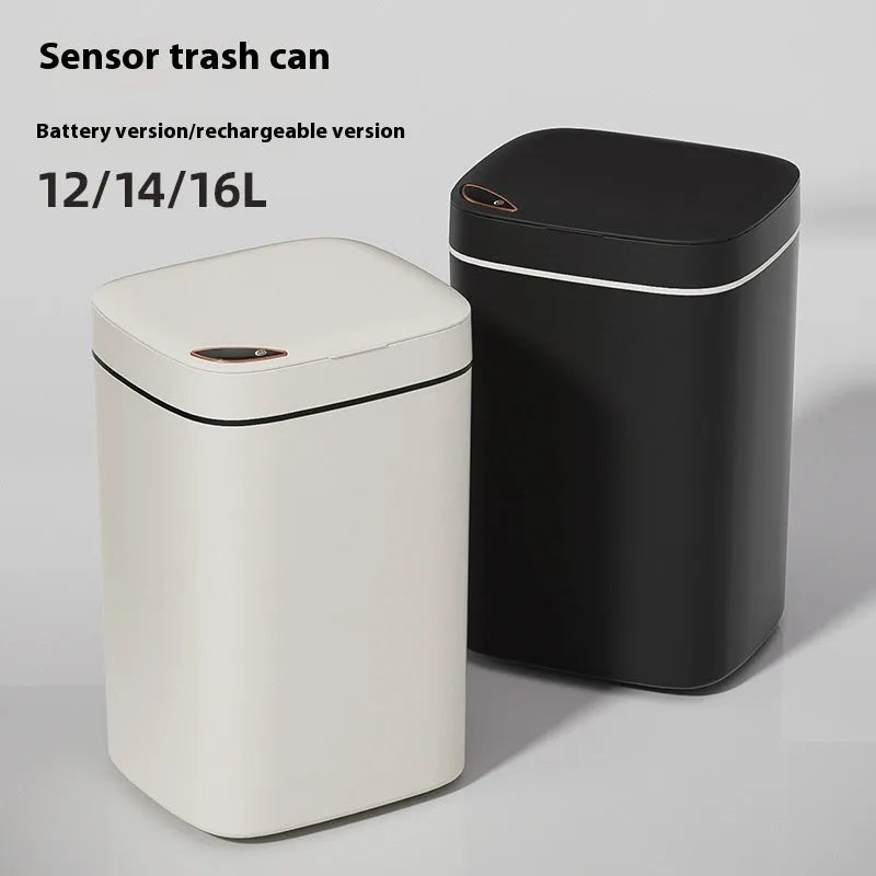 Square automatic induction kitchen bin with sensor lid and internal waste sorting compartments.