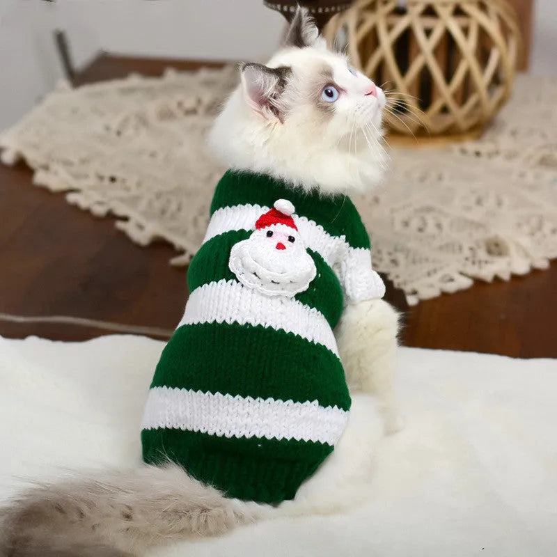 Wool handmade stripe sweater for hairless cat in light purple, side view on cat