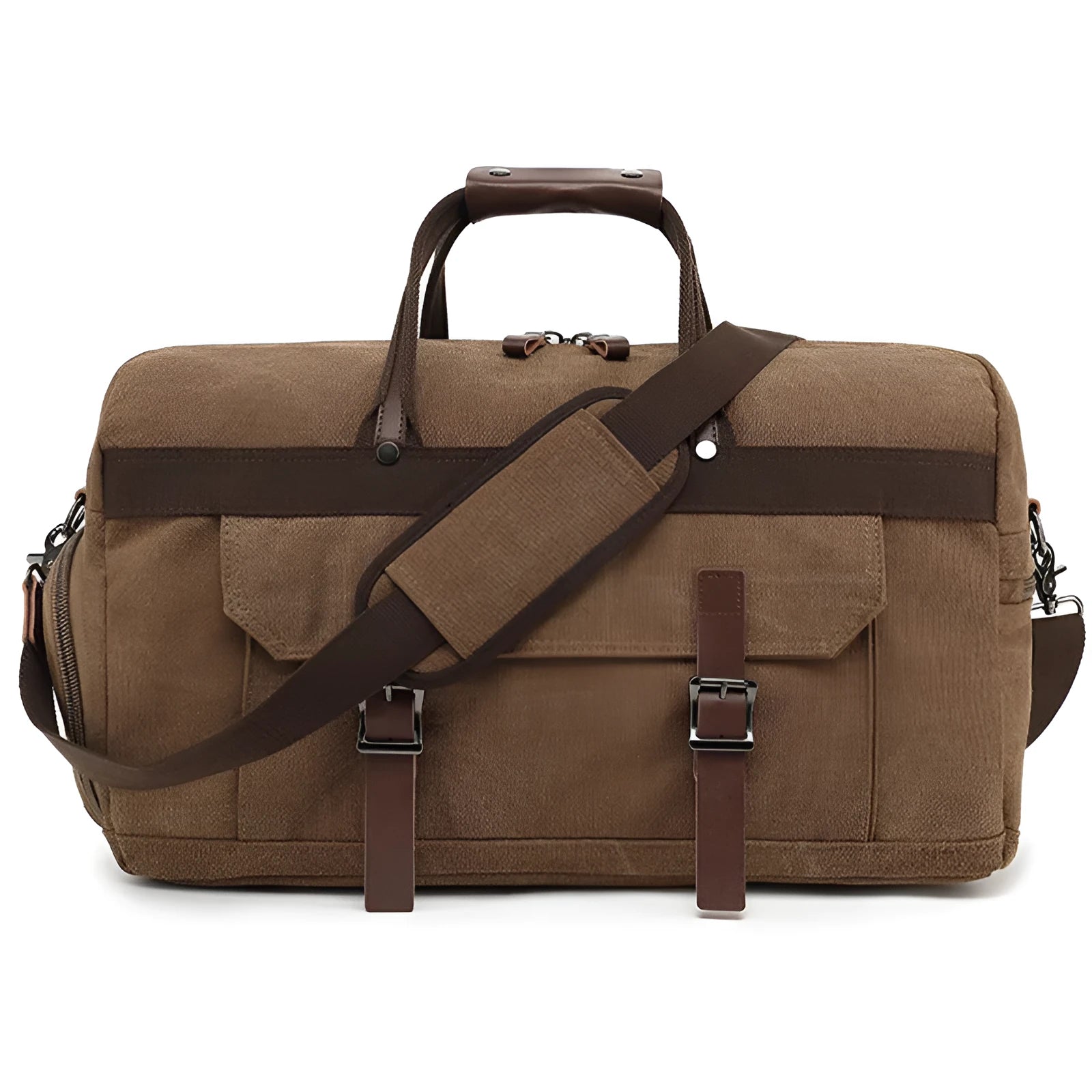 Canvas crossbody travel bag in black with sewing line detailing showing 36-55 litre capacity