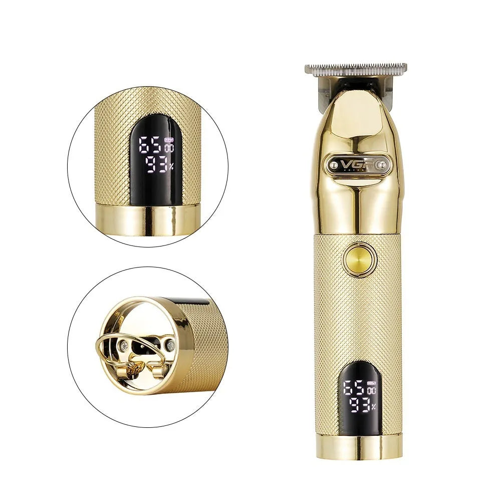 V-275 Gold rechargeable hair clipper with LCD display, washable blade, USB cable, and 1/2/3mm limit combs