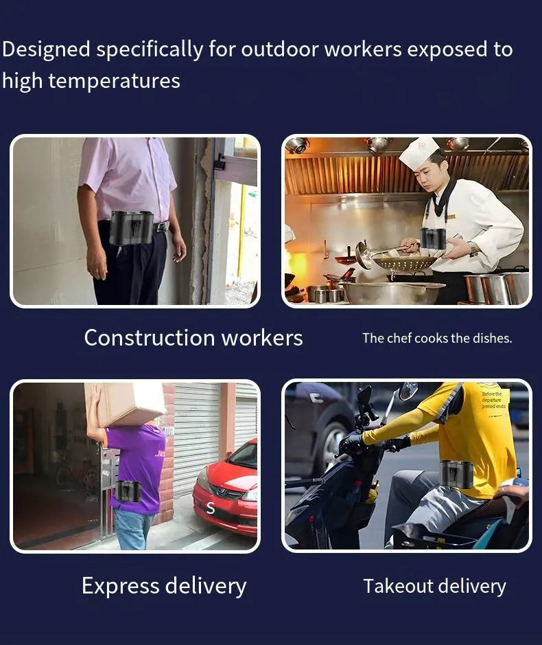 Black 2025 model waist-hung personal fan with waist buckle and neck lanyard for outdoor use.