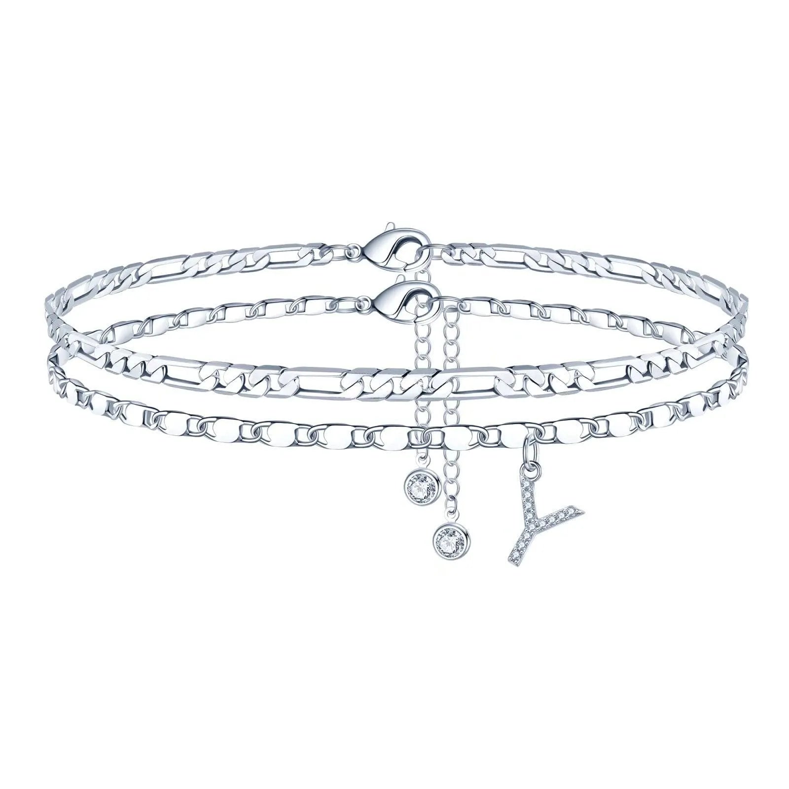 Silver-coloured double-circle bead copper anklet showing alphabet letter modelling on ankle.