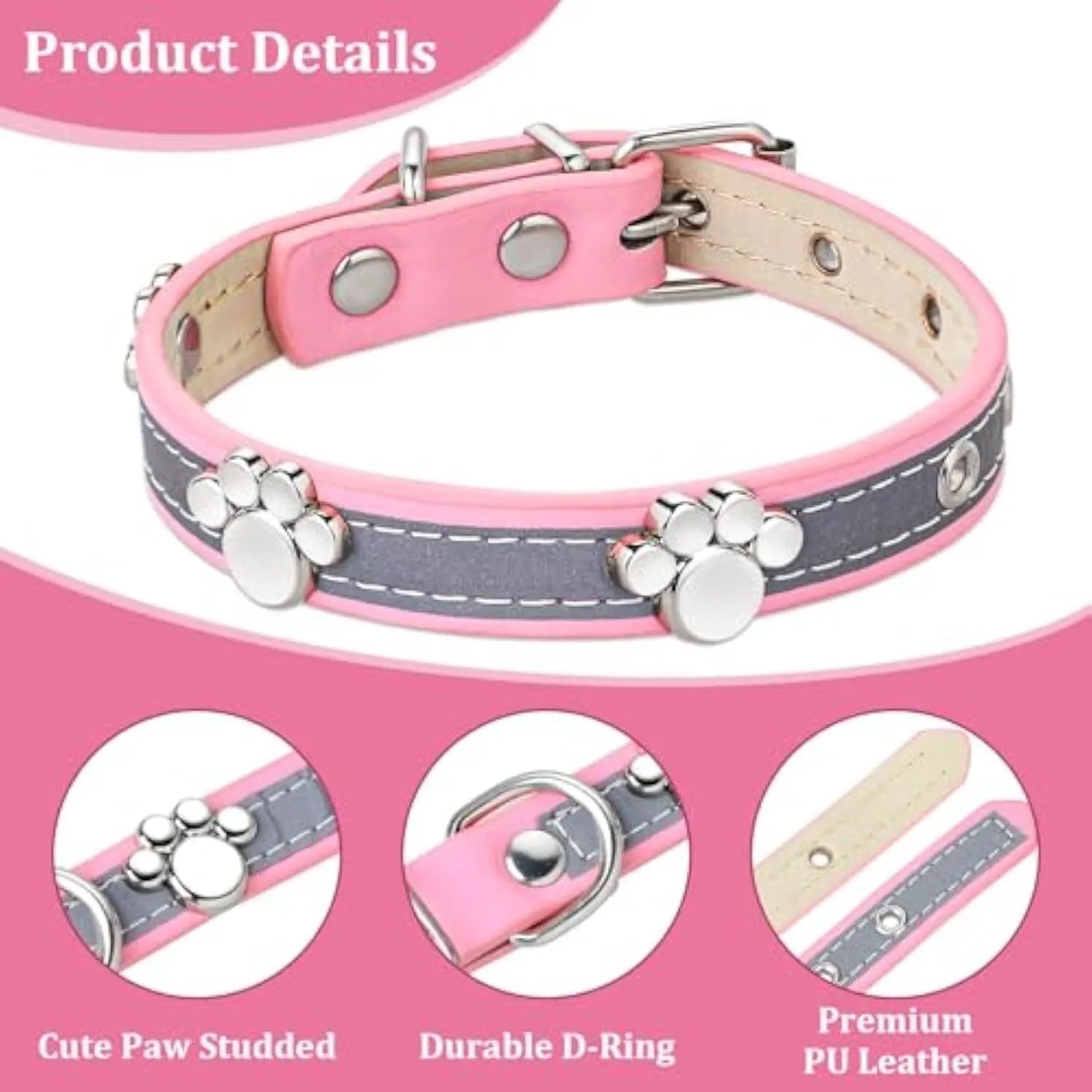Adjustable PU leather dog collar with reflective stitching and a metal paw-shaped rivet.