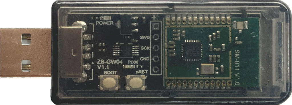Silicon Labs EFR32MG21 Zigbee USB dongle with plastic shell and USB connector