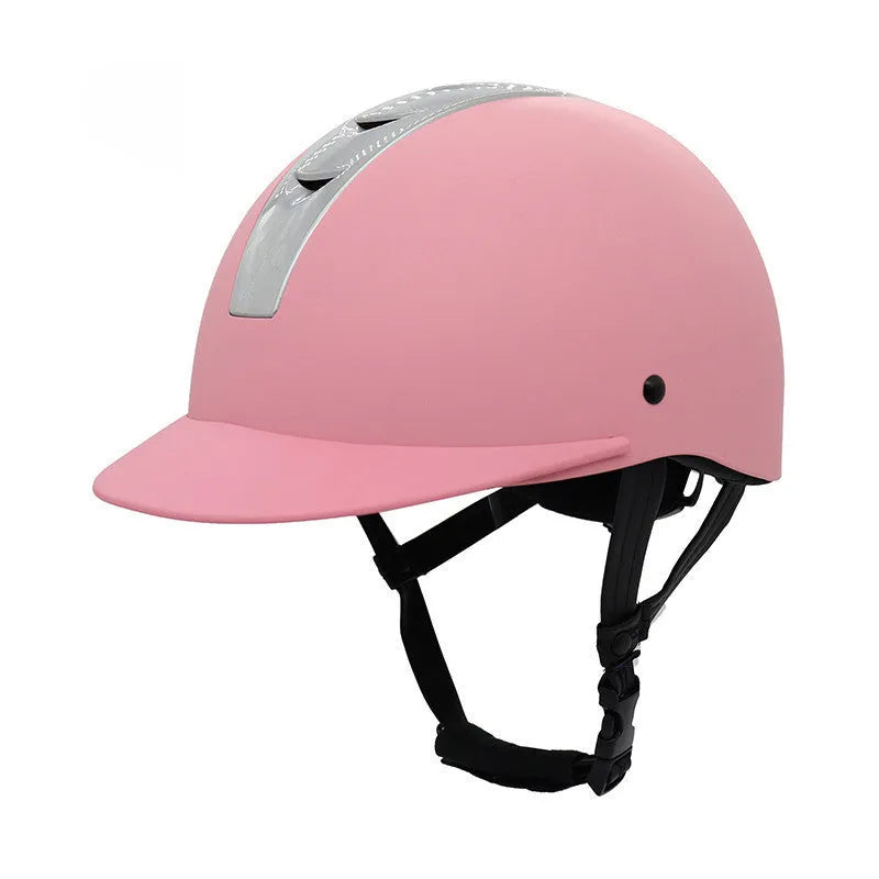 Super light summer equestrian riding helmet in bright black, silver pink, white orange, and silver black colours.