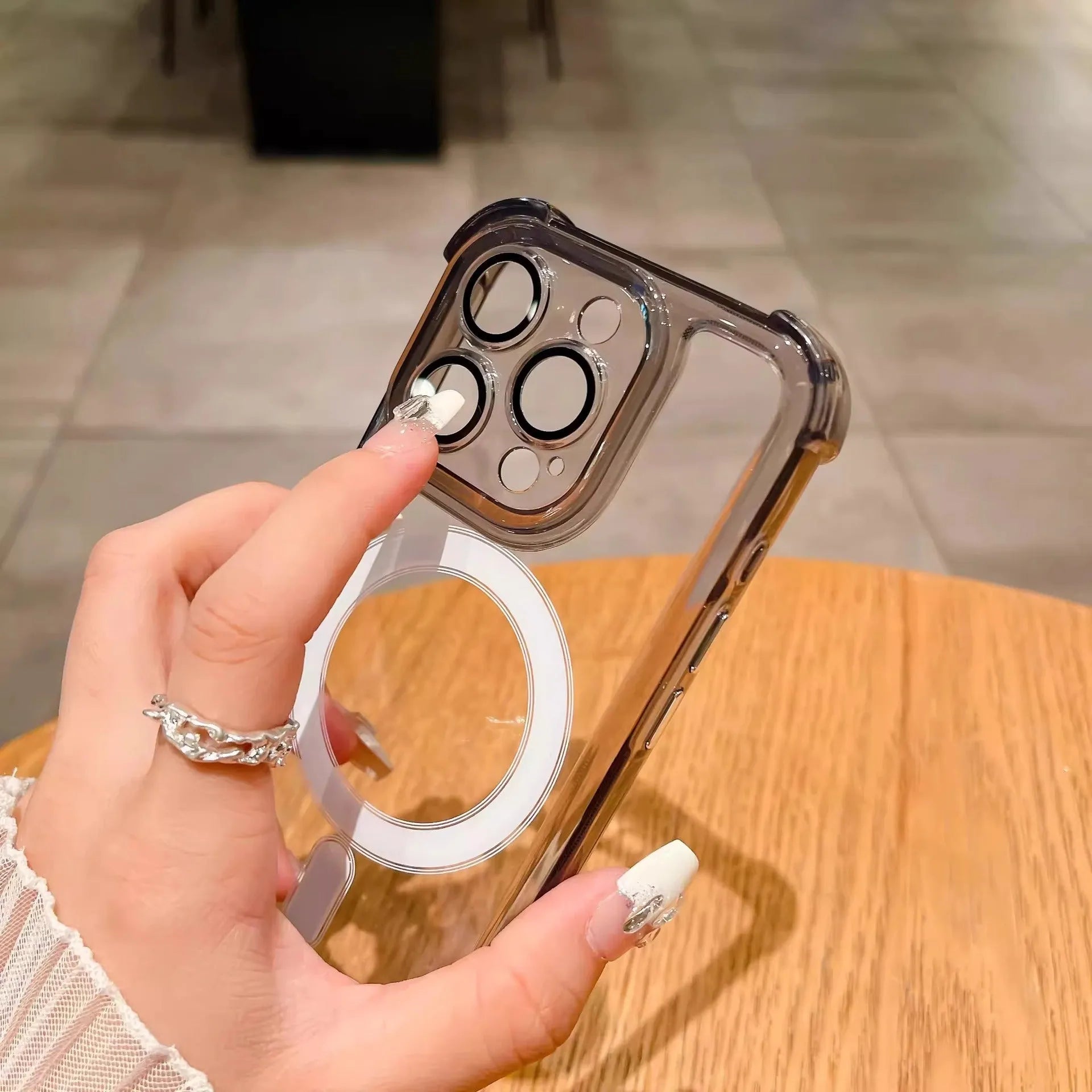 Transparent airbag silicone phone case with magnetic ring and lens protector for iPhone