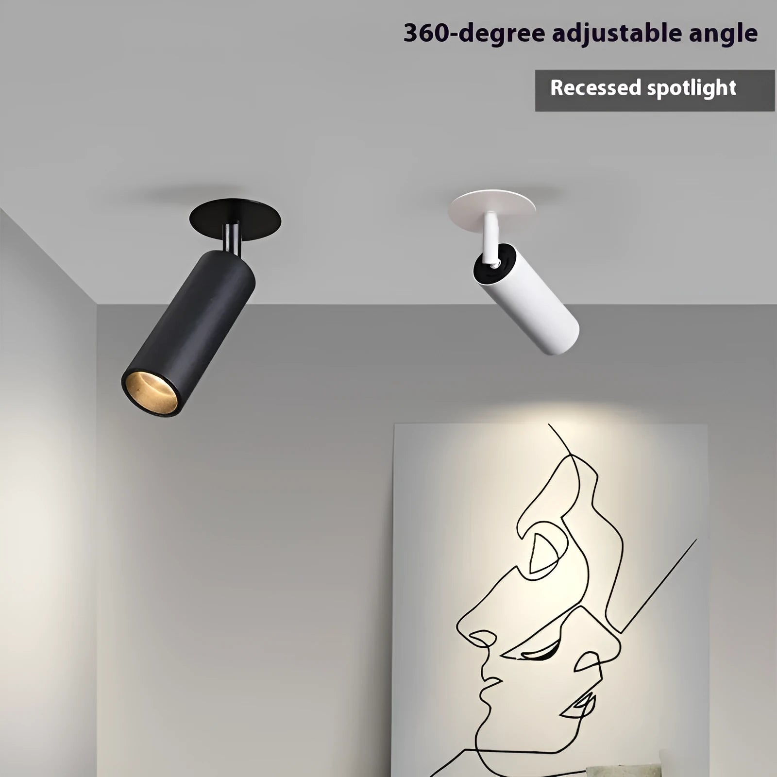 Black and white embedded cylinder LED spotlight for track lighting with selectable power and colour temperature settings.