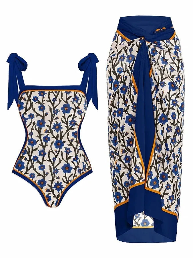 Women's floral print two-piece swimsuit with matching chiffon skirt