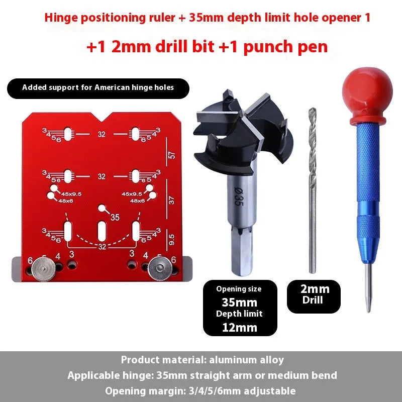 Red aluminium alloy hinge locating ruler with adjustable margin settings for 35mm cabinet hinges.