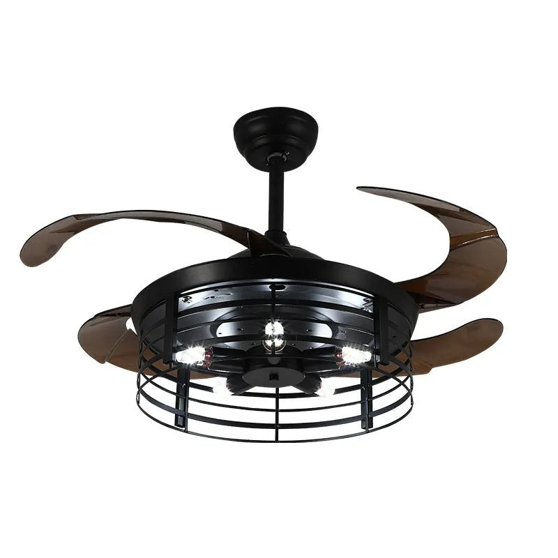 Industrial-style ceiling fan light with acrylic blades and shade, mounted flush to a white ceiling, with a remote control.