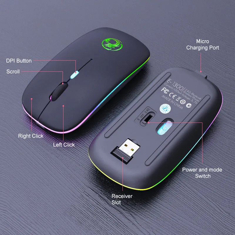 Black and white silent wireless Bluetooth mouse with luminous charging scroll wheel on a desk.
