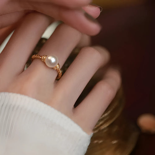 Adjustable antique twist geometric ring with pearl inlay in gold and silver copper