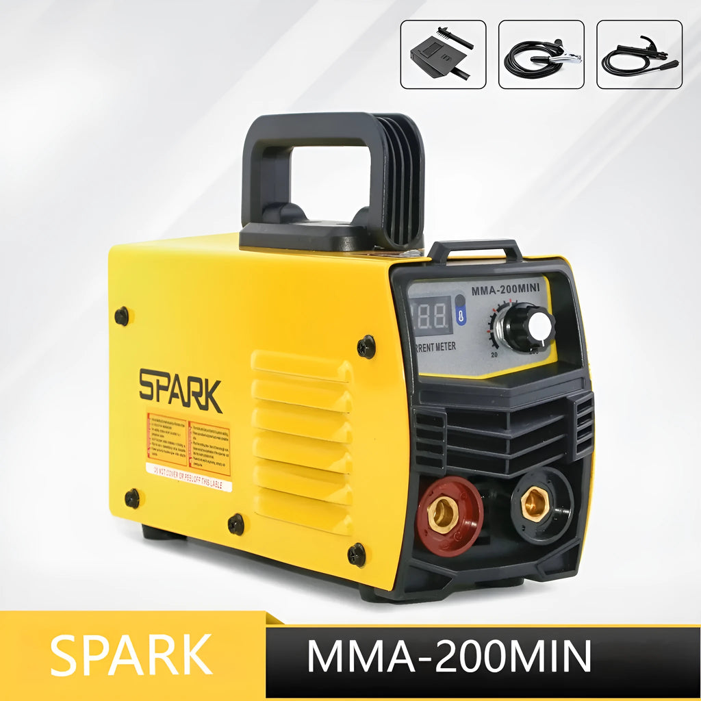 MMA-200MIN small black DC inverter welding machine with red welding tongs, clamp, and face shield on a workbench.